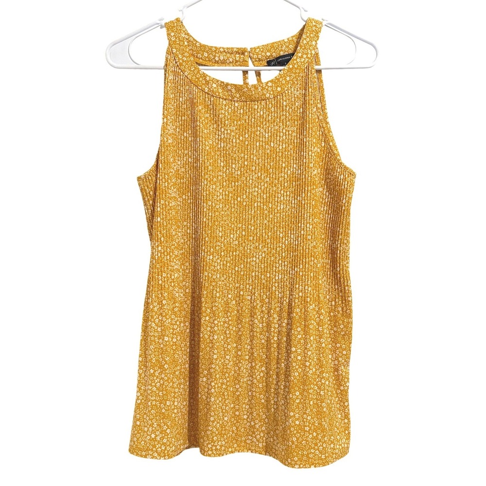 Adrianna Papell Yellow Floral Pleated Sleeveless Blouse SMALL